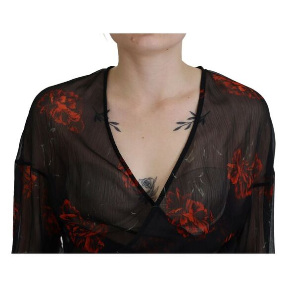 Dsquared² Black Floral Print Cropped Wrap Long Sleeves Women's Top (Pre-Owned) - Picture 4 of 5